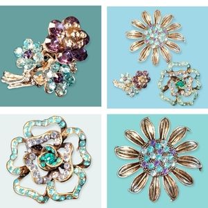 Vintage Rhinestone Flower Brooch Bundle Lot
